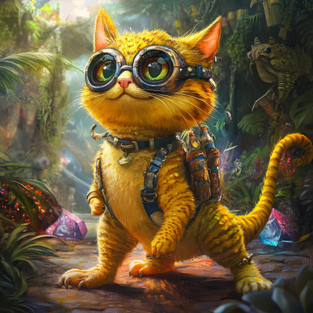 Fantastical creature blends cat, dinosaur, minion features in jungle.