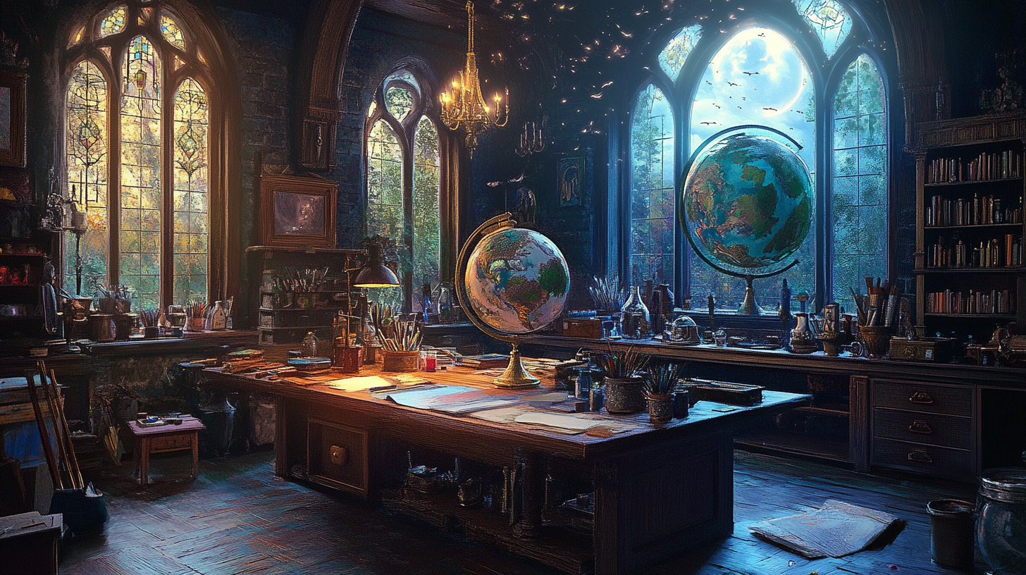 Fantasy Artists' Workshop with Magical Tools, Moonlight, and Globe