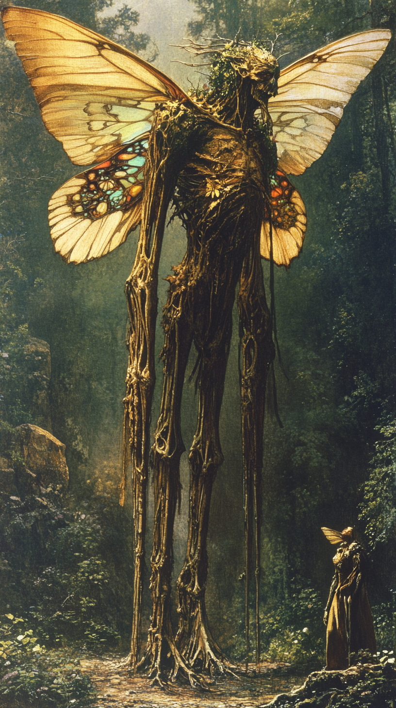 Fantasy Butterfly-Winged Giant in Forest Illustration 1970s Style 