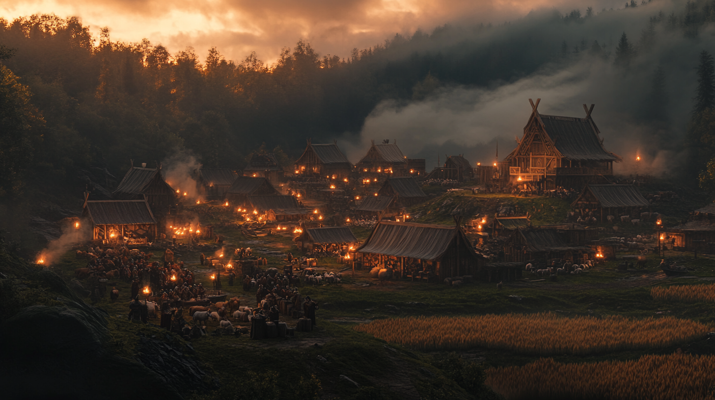 Fantasy D&D movie scene with viking village, troops, animals.