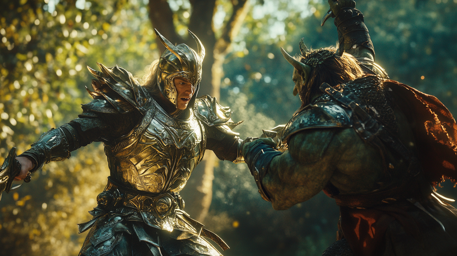 Fantasy D&D movie still: Elven King battles orcish champion