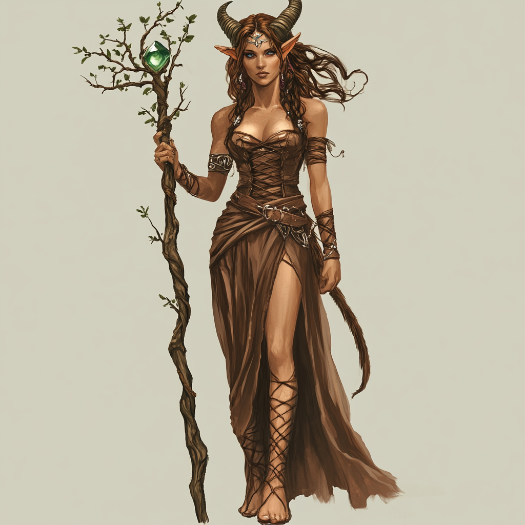 Fantasy Female Satyr in Brown Dress with Ornamental Staff