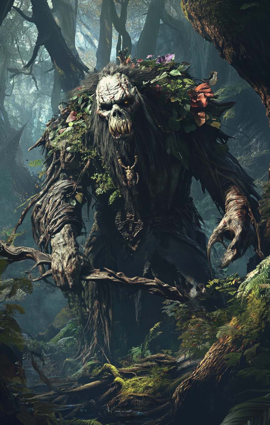 Fantasy Necromancer Troll in Enchanted Forest Setting - D&D Witcher Concept