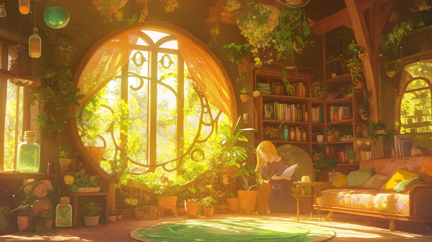 Fantasy Studio, Serene Ghibli-style Room with Greenery