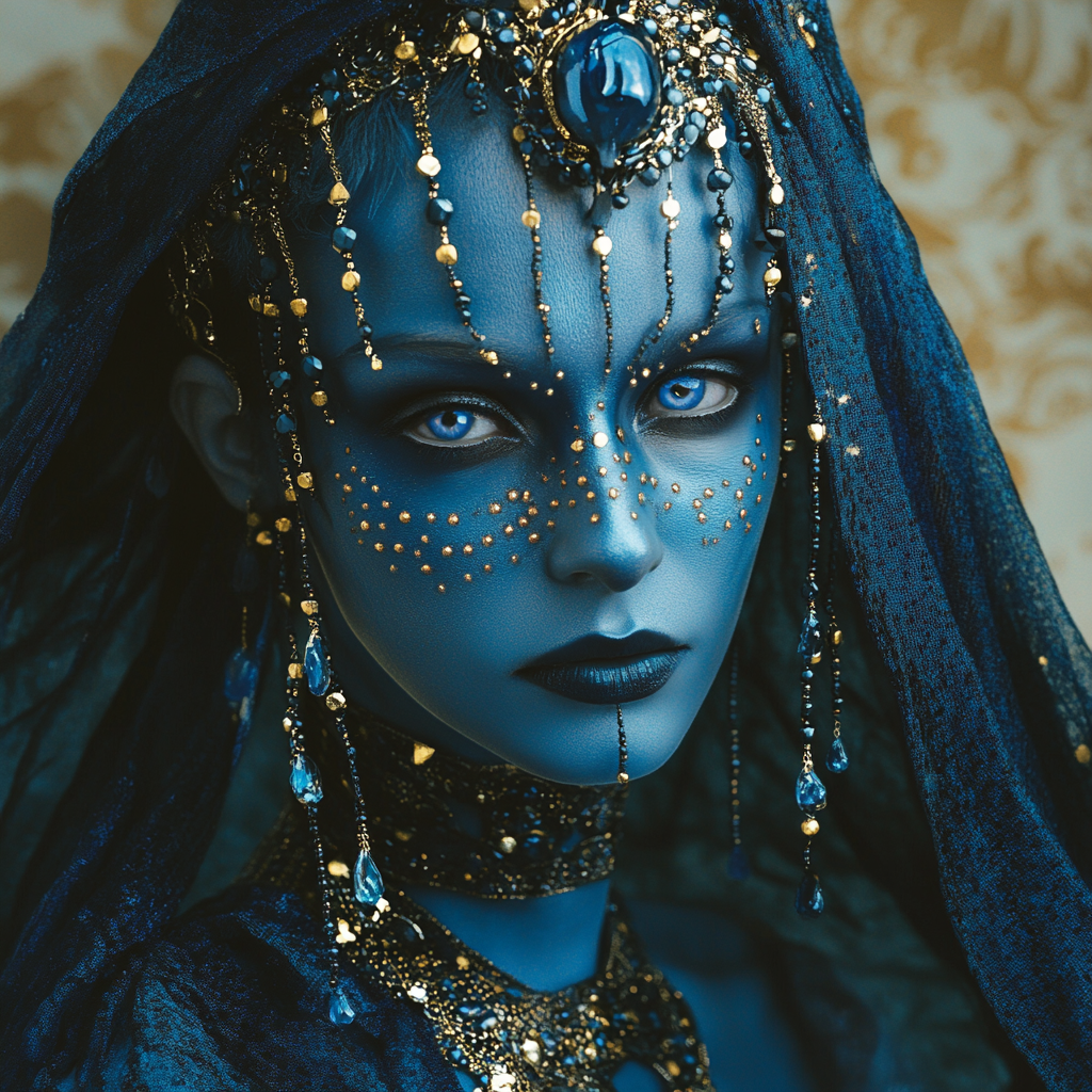 Fantasy Water Genasi Courtesan in Blue Attire