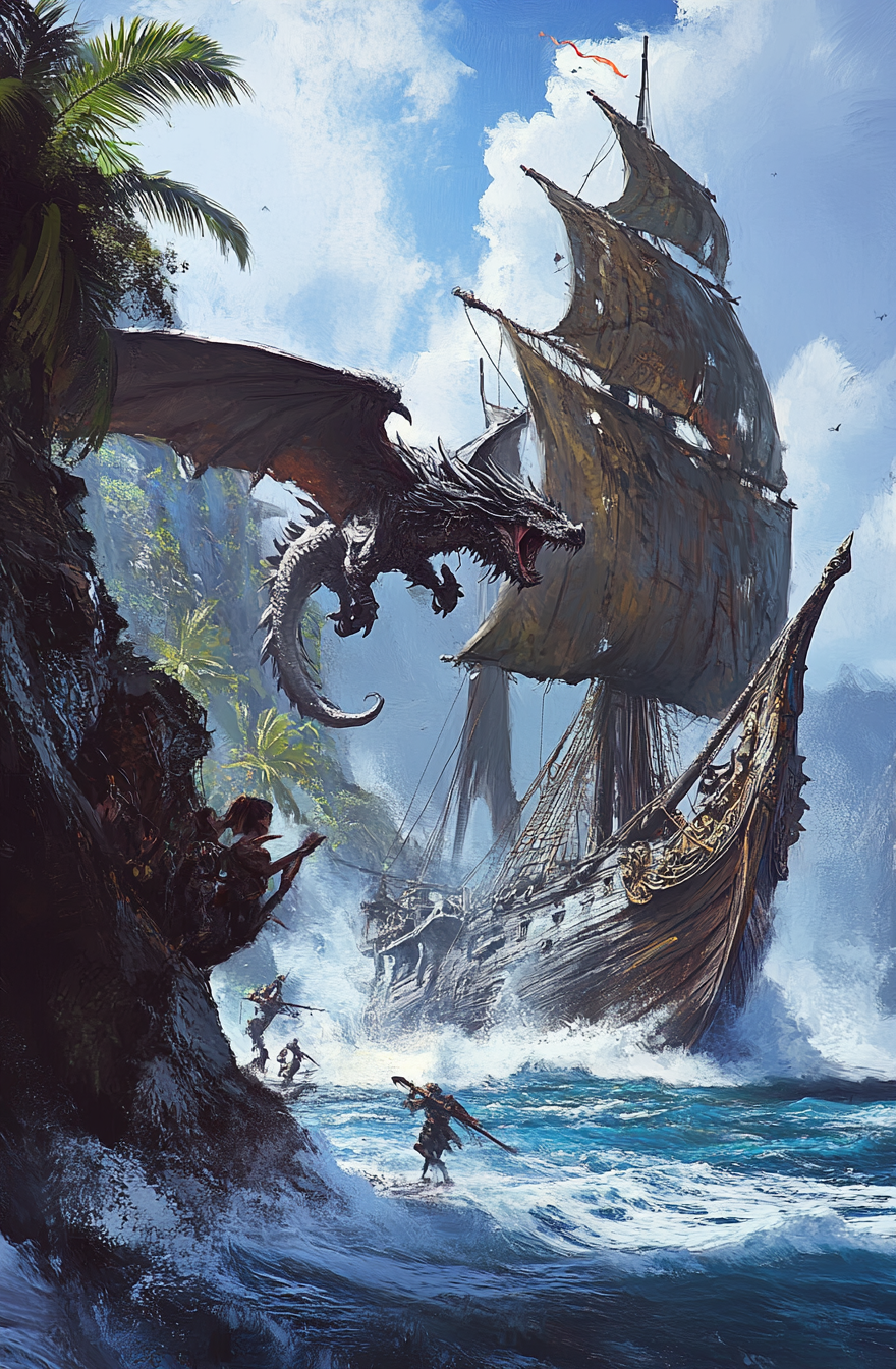 Fantasy artwork of dragon attacking pirate ship.