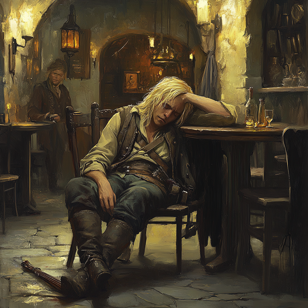 Fantasy book cover features sleeping blond elf bard.