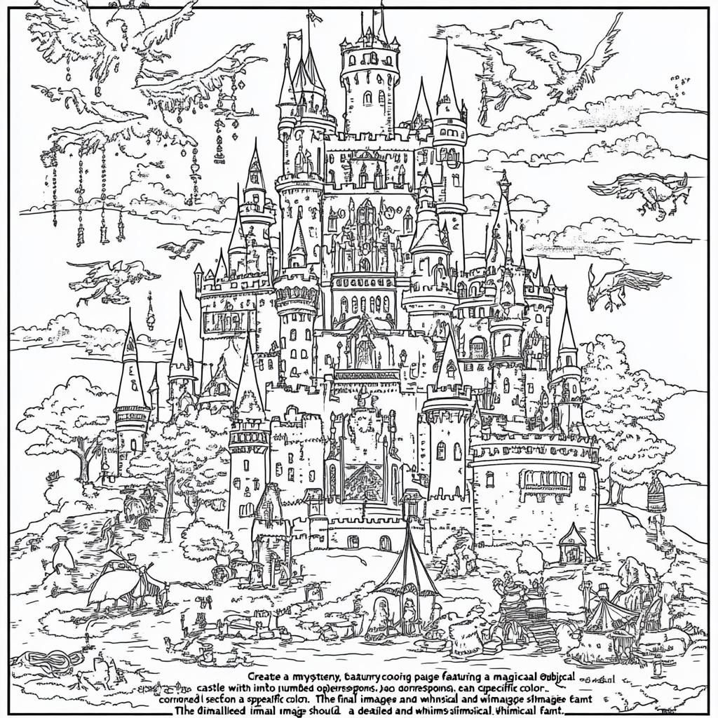 Fantasy castle coloring page with enchanted creatures and objects.