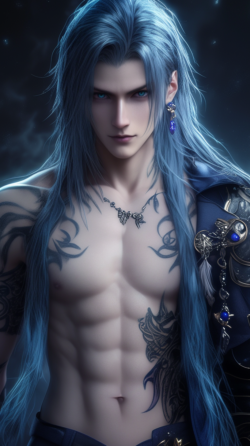 Fantasy character with blue hair, clothes, and tribal tattoos.