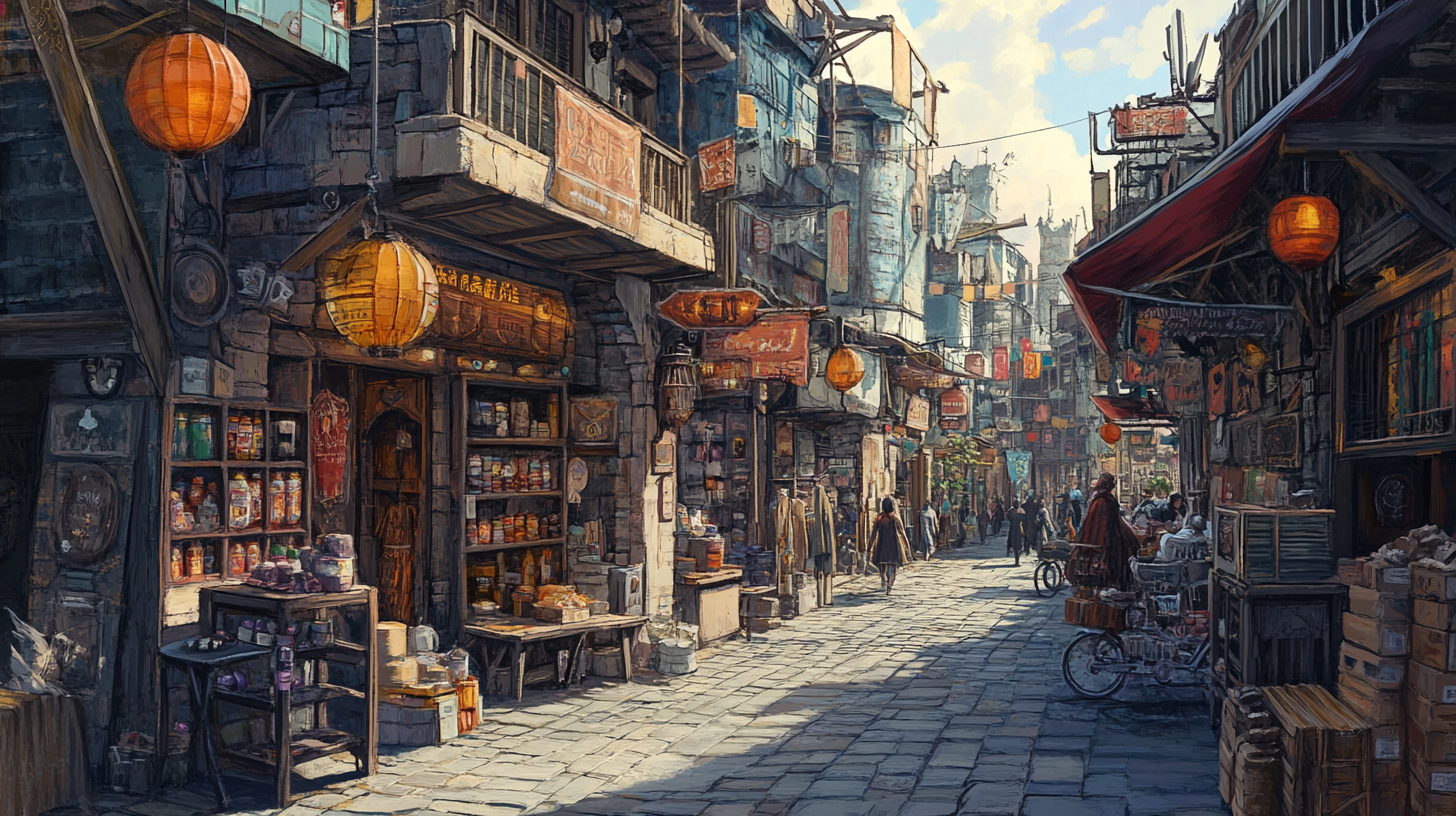 Fantasy city street with storefronts, cargo, and crowded people.