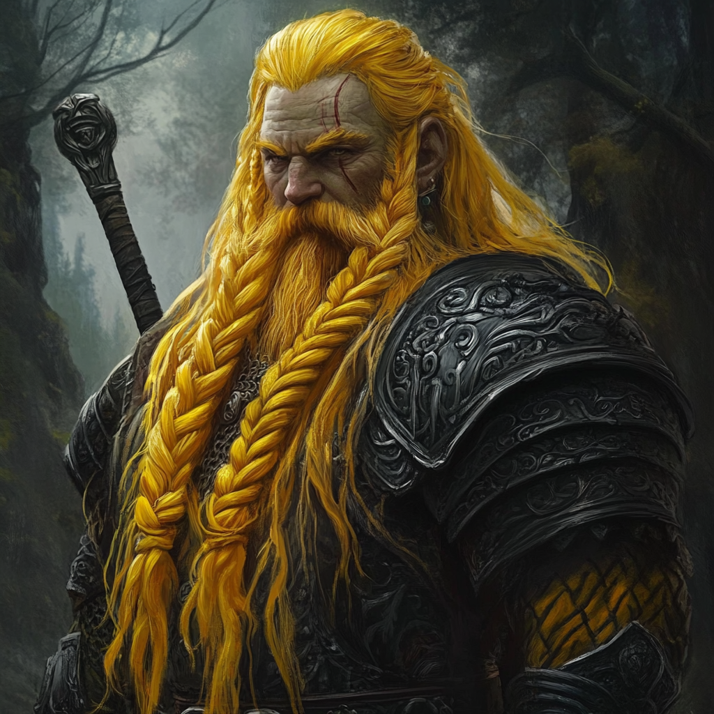 Fantasy dwarf warrior with yellow hair and braided beard.