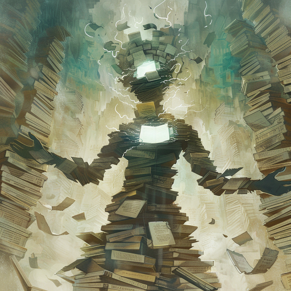 Fantasy elemental made of books and folders, watercolor style.