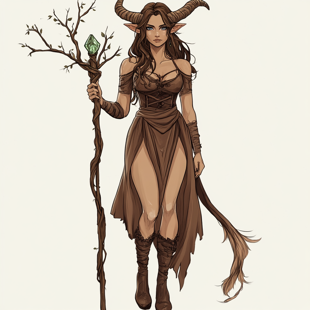 Fantasy female Satyr with ornamental staff. D&D RPG.