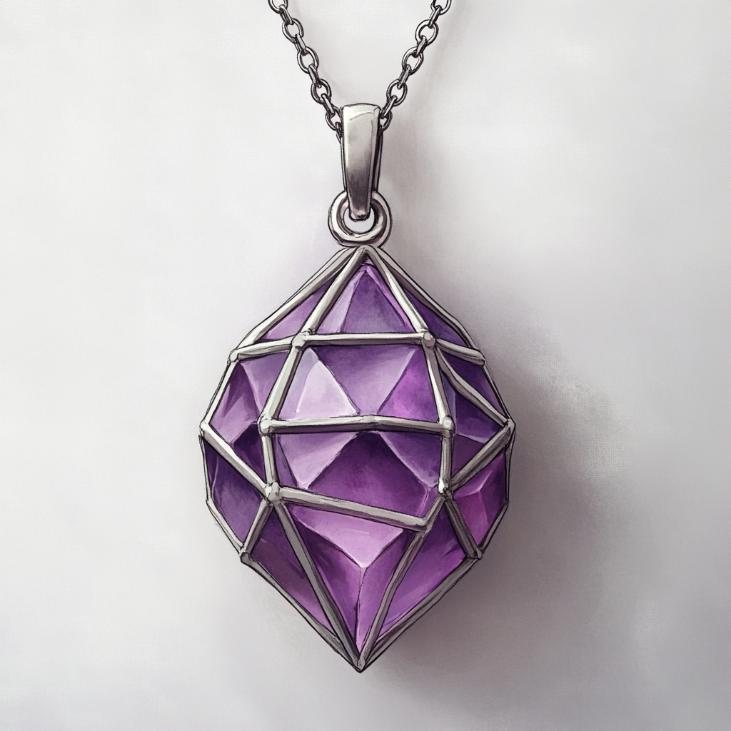 Fantasy game necklace with purple gem in cage