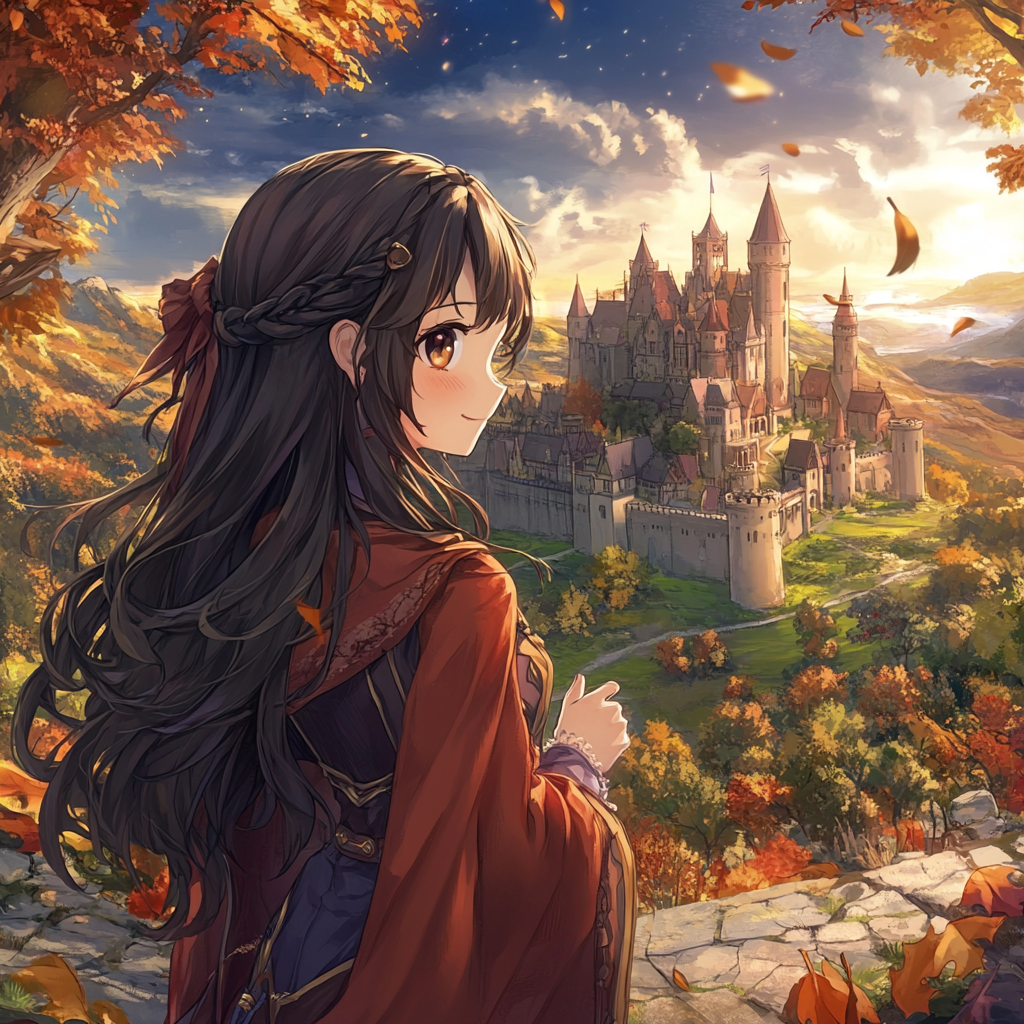 Fantasy girl with long hair in castle town