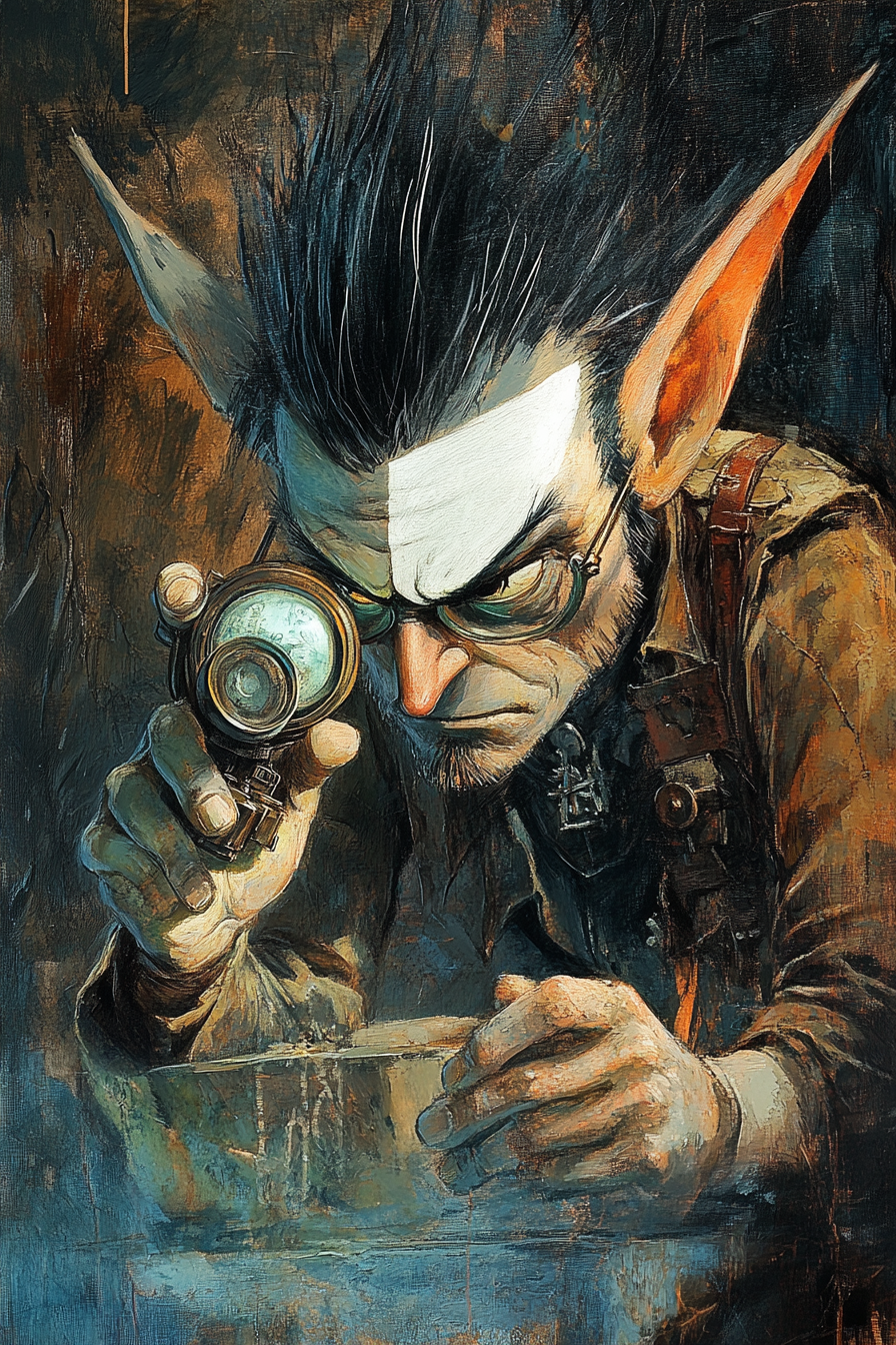 Fantasy gnome with monocle analyzing magical artifact painting.