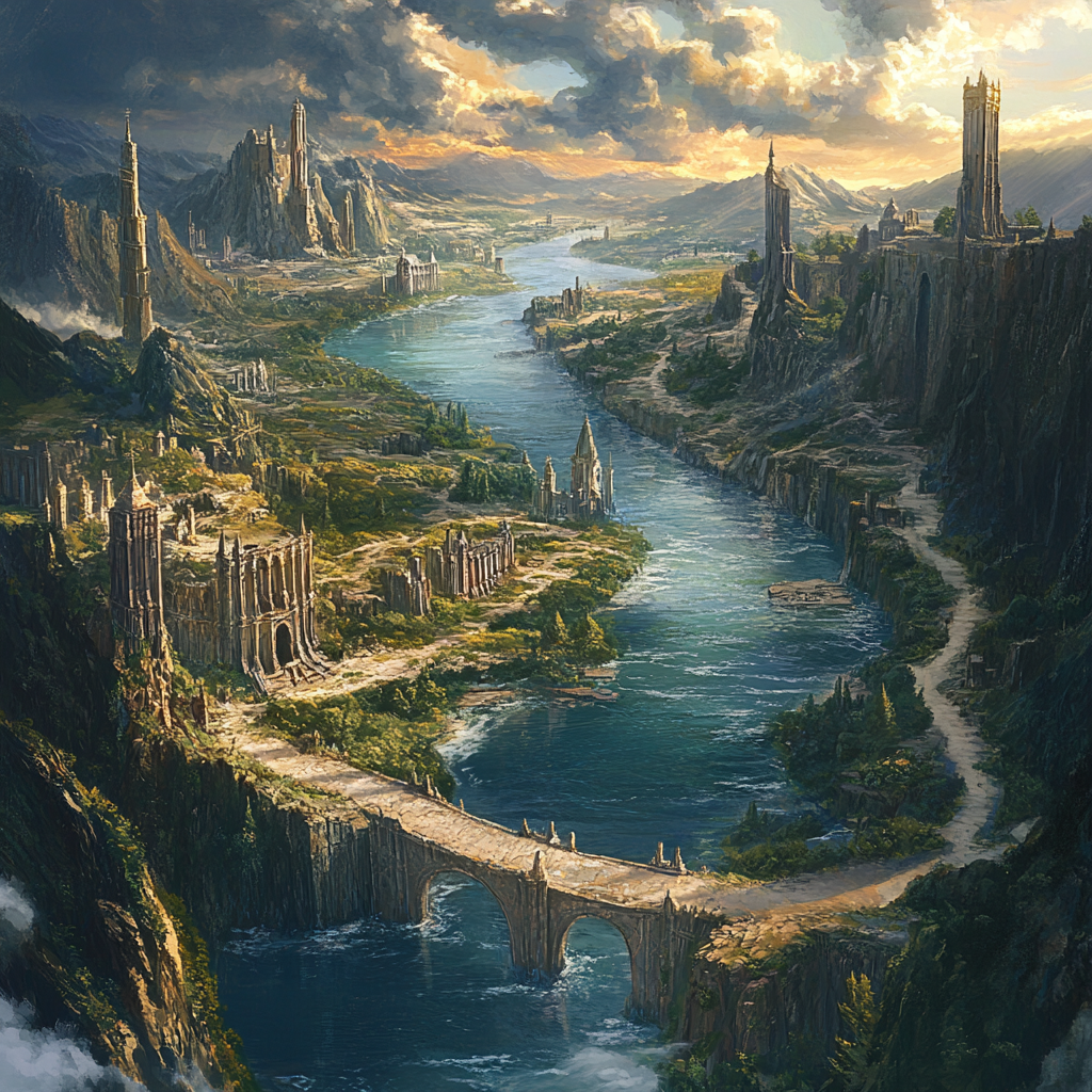 Fantasy landscape with wide river, ancient ruins, dungeons.