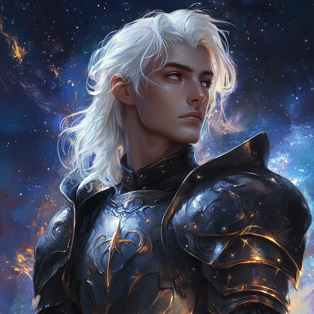 Fantasy lunar prince, human twink in armor portrait.