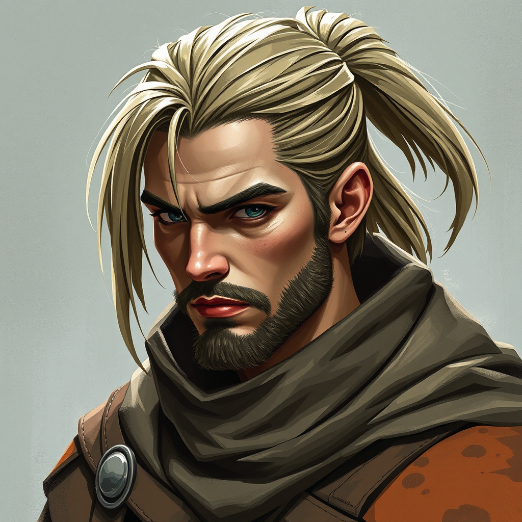 Fantasy male half-elf ranger rogue with ponytail.