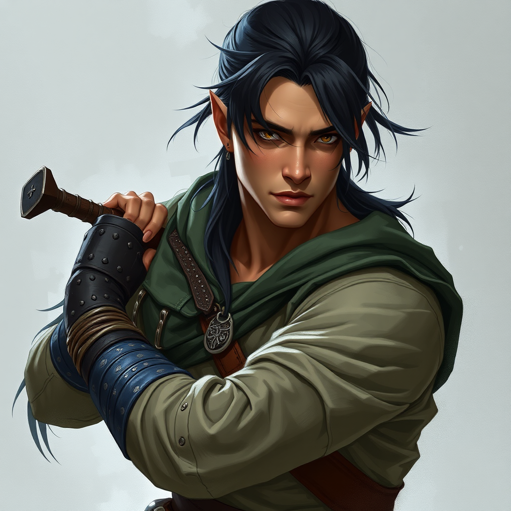 Fantasy male ranger with half-elf features and ponytail.