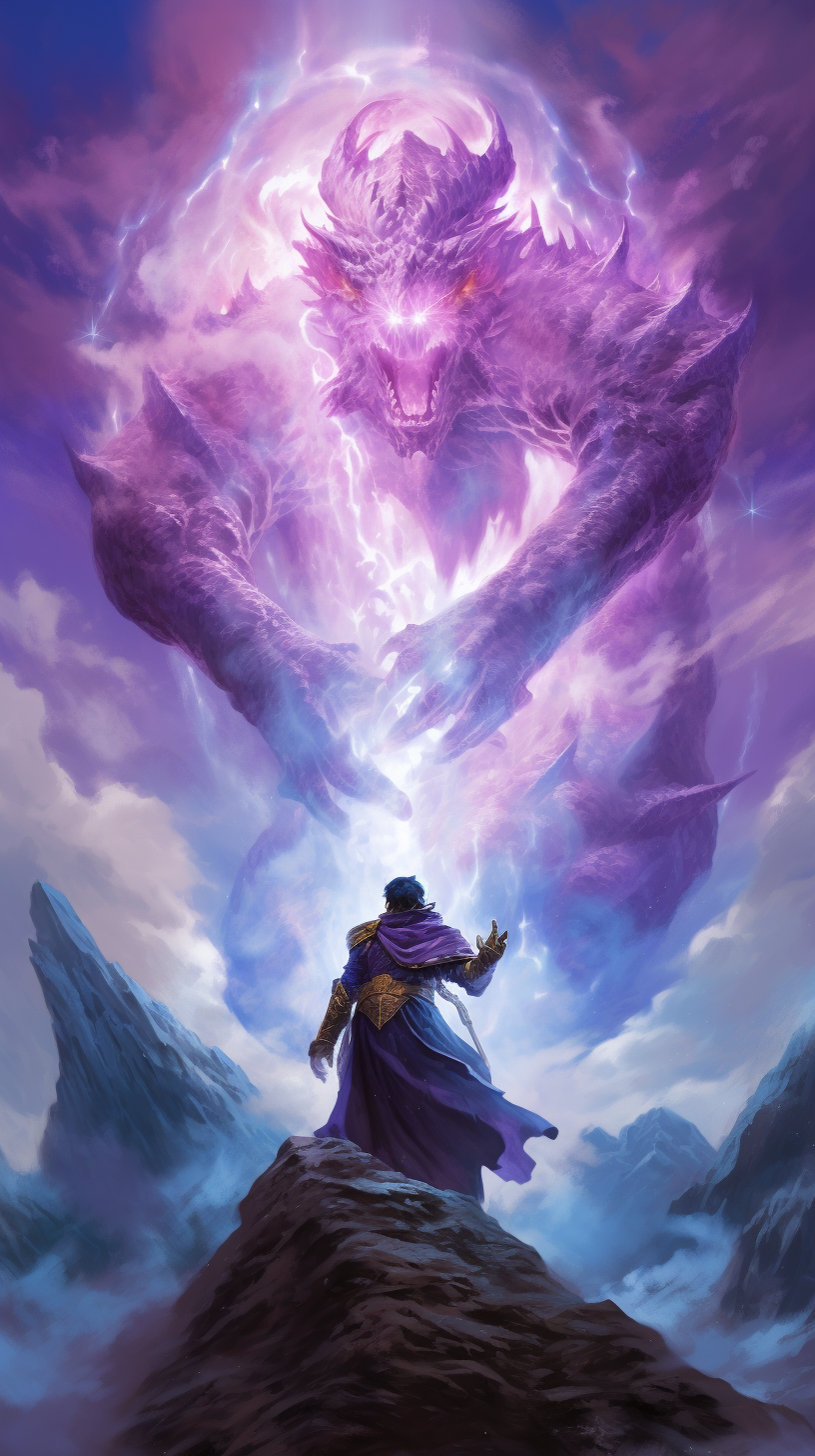 Fantasy monk with ice power, glowing eyes on mountaintop.