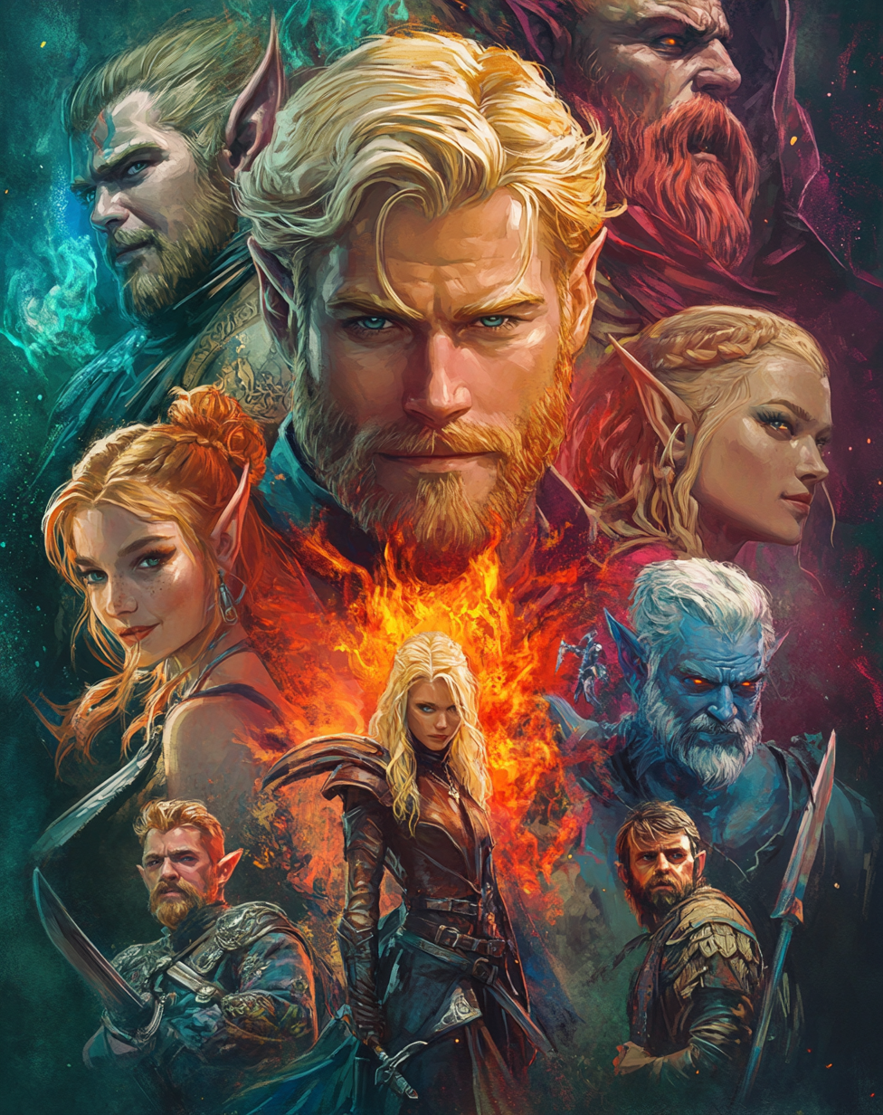 Fantasy movie poster with diverse characters and evil Lord.