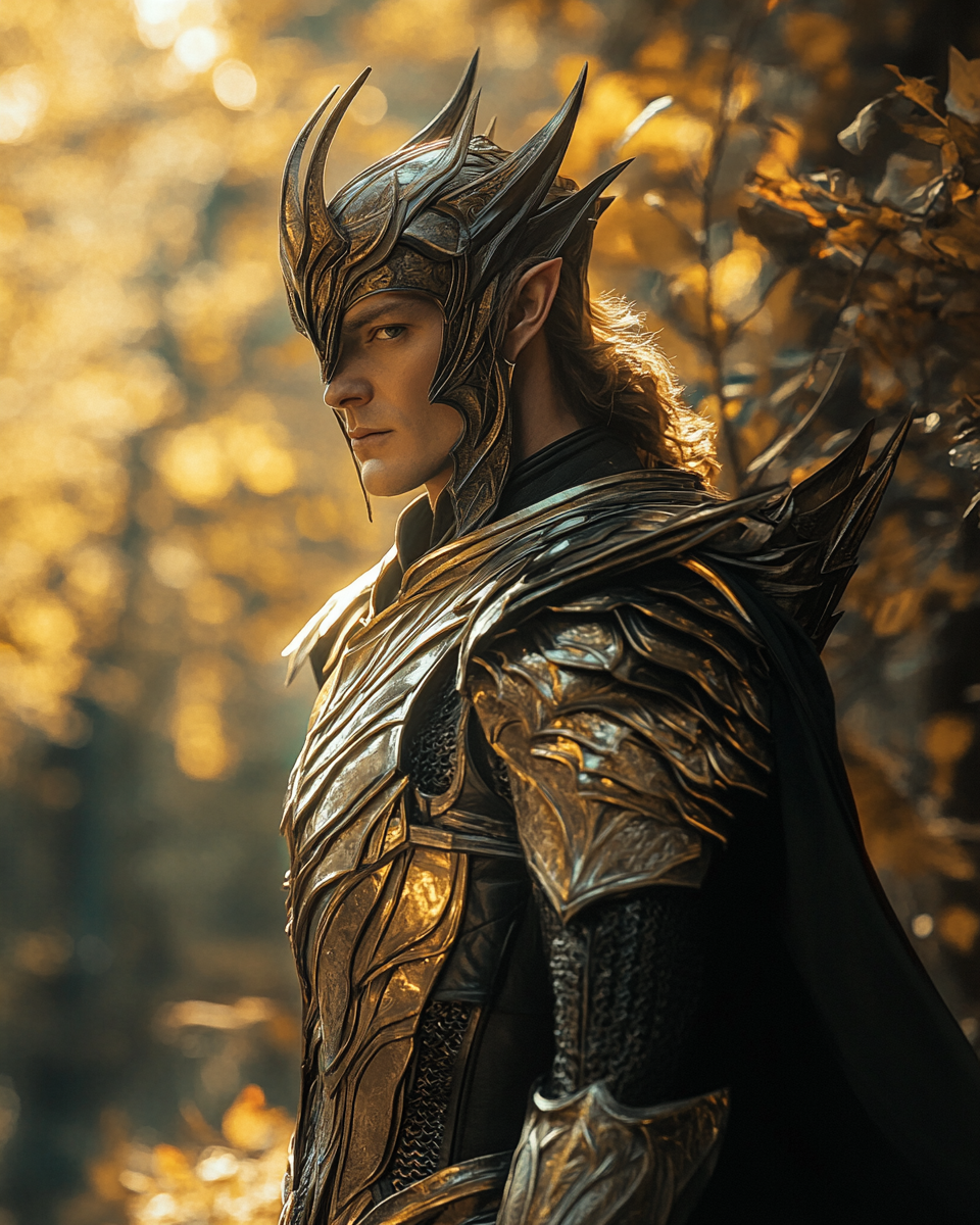 Fantasy movie scene with Elven King in armor.