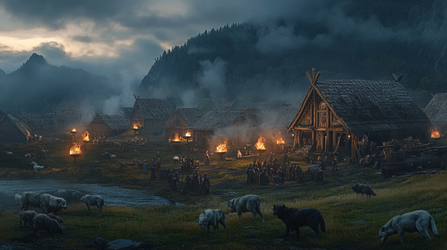 Fantasy movie still, viking warrior defending village against wolves.