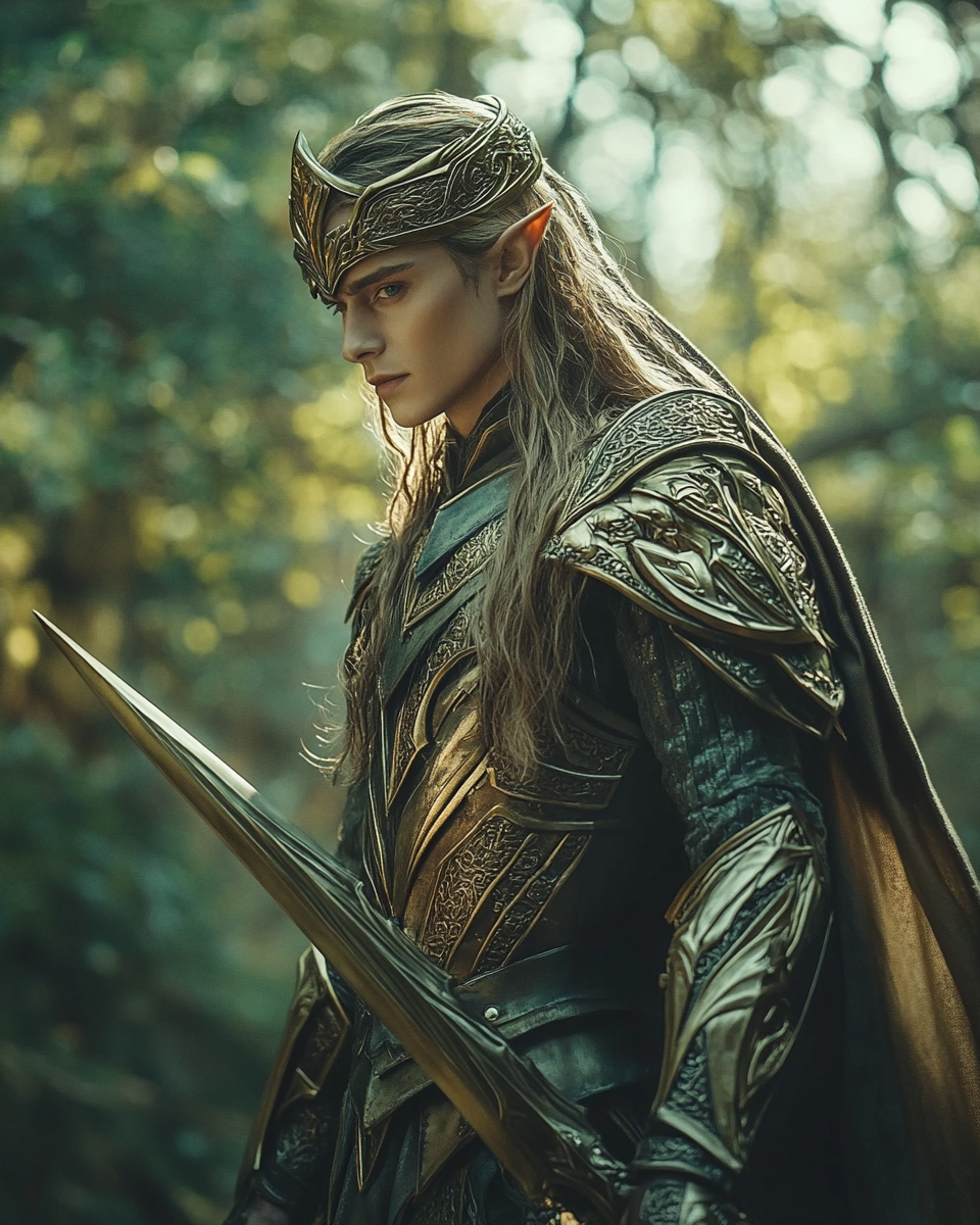 Fantasy movie with Elven King in shiny armor.