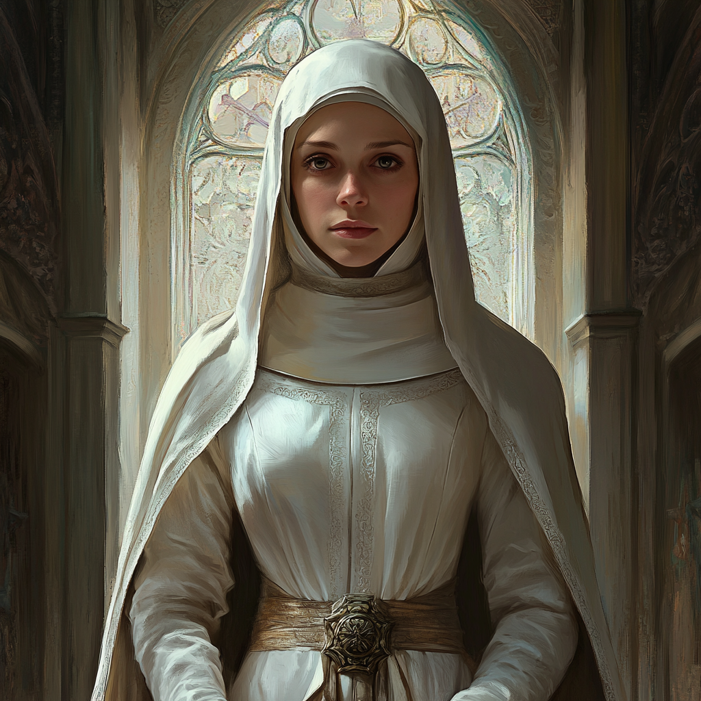 Fantasy portrait: priestess of light in nun-like attire