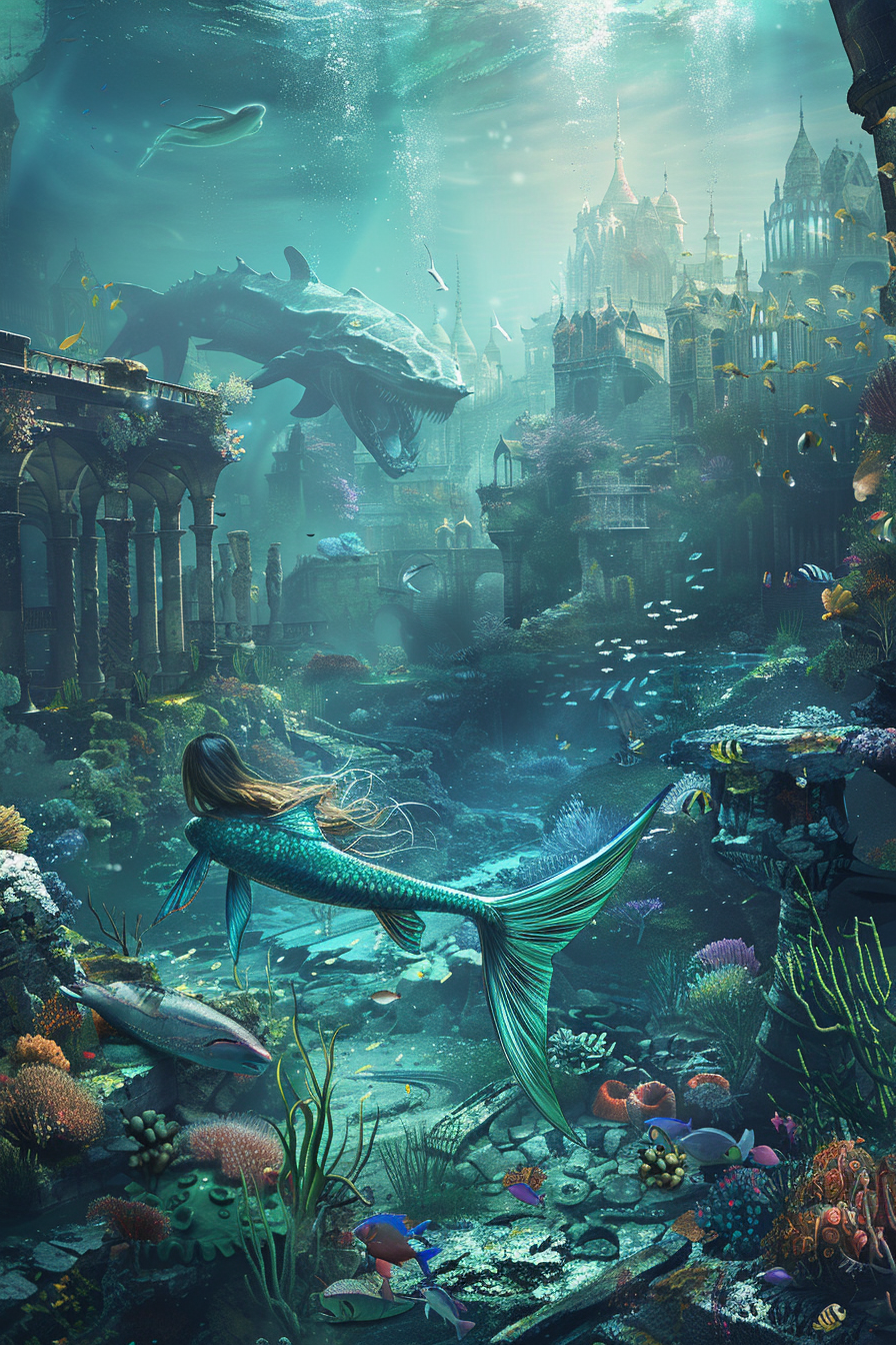 Fantasy realm: Underwater kingdom with coral reefs and mermaids.