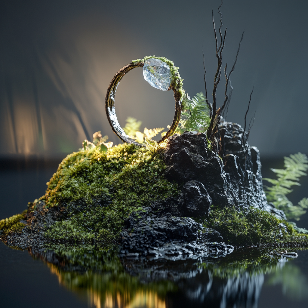 Fantasy ring with stone illuminated by spotlights reflected in water.