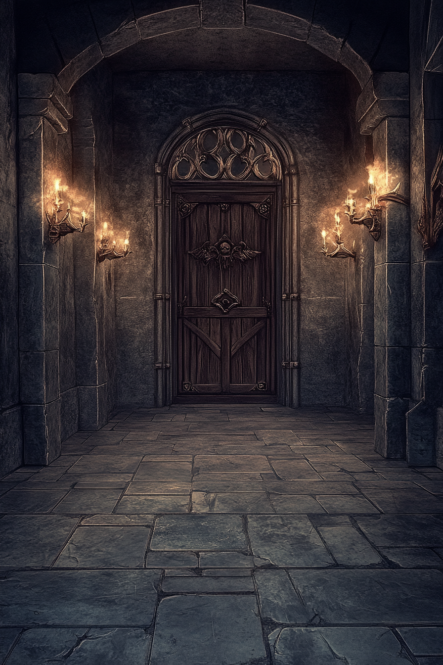 Fantasy room with torches, grey stones, wooden door.