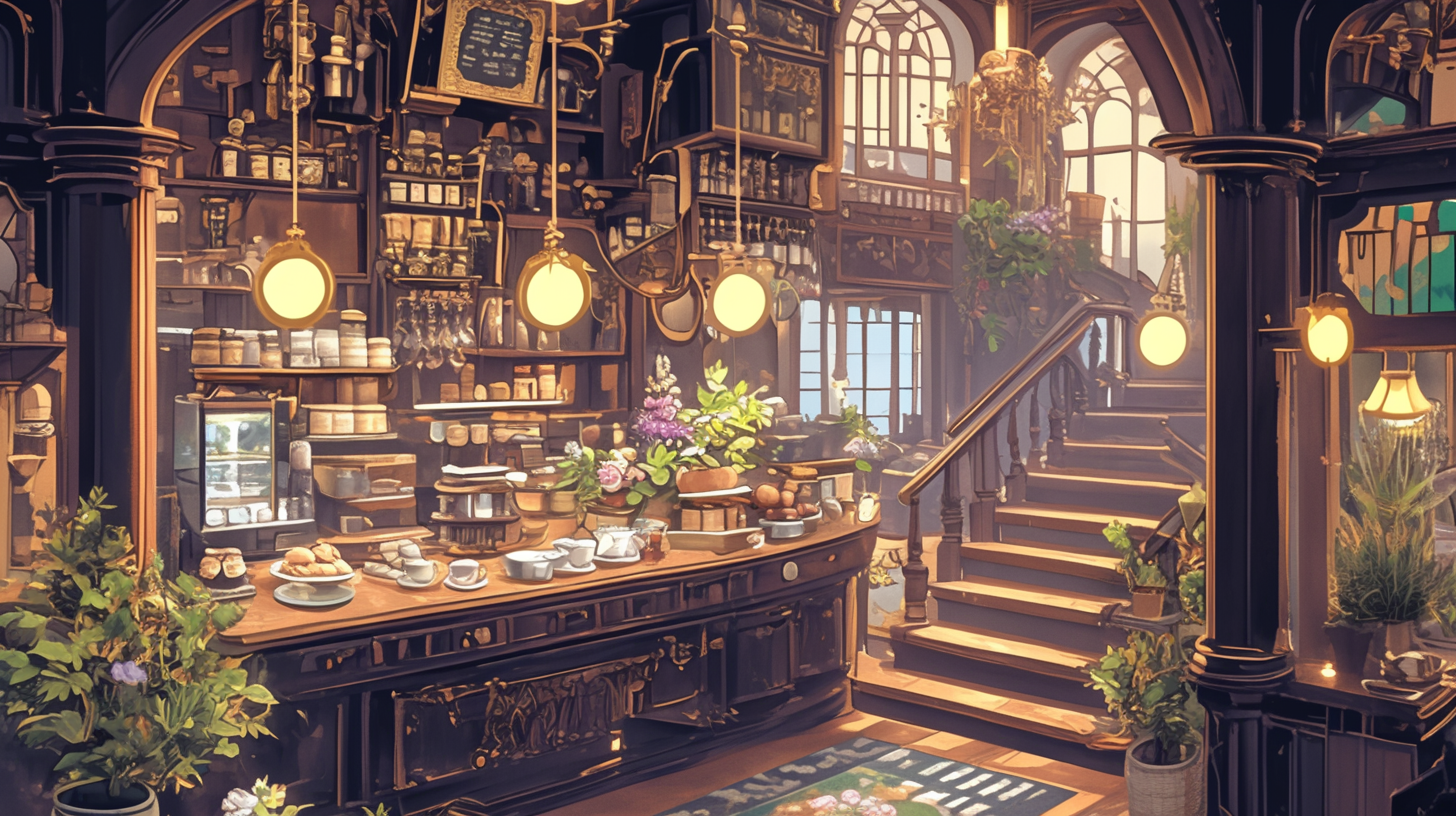 Fantasy-themed coffee shop with pastries and greenery décor