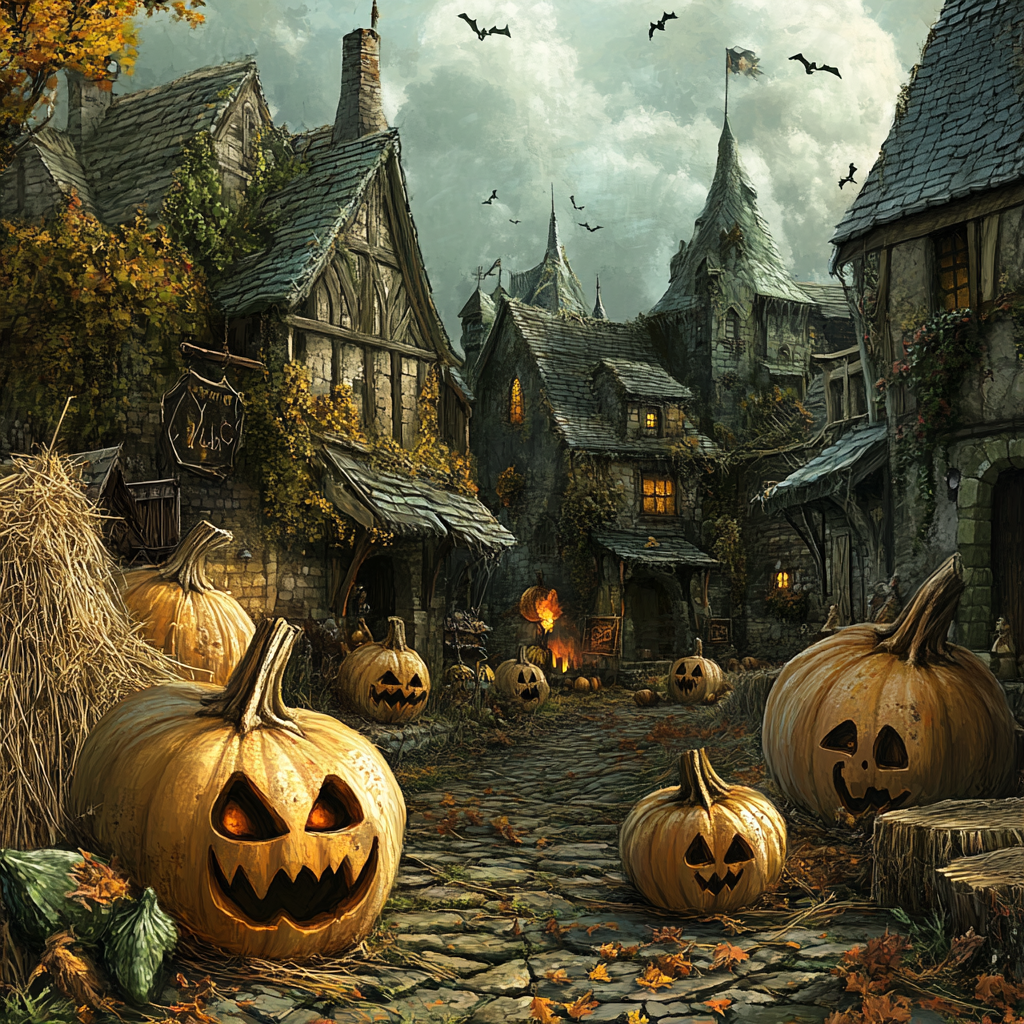 Fantasy village harvest festival with gourds and horror art