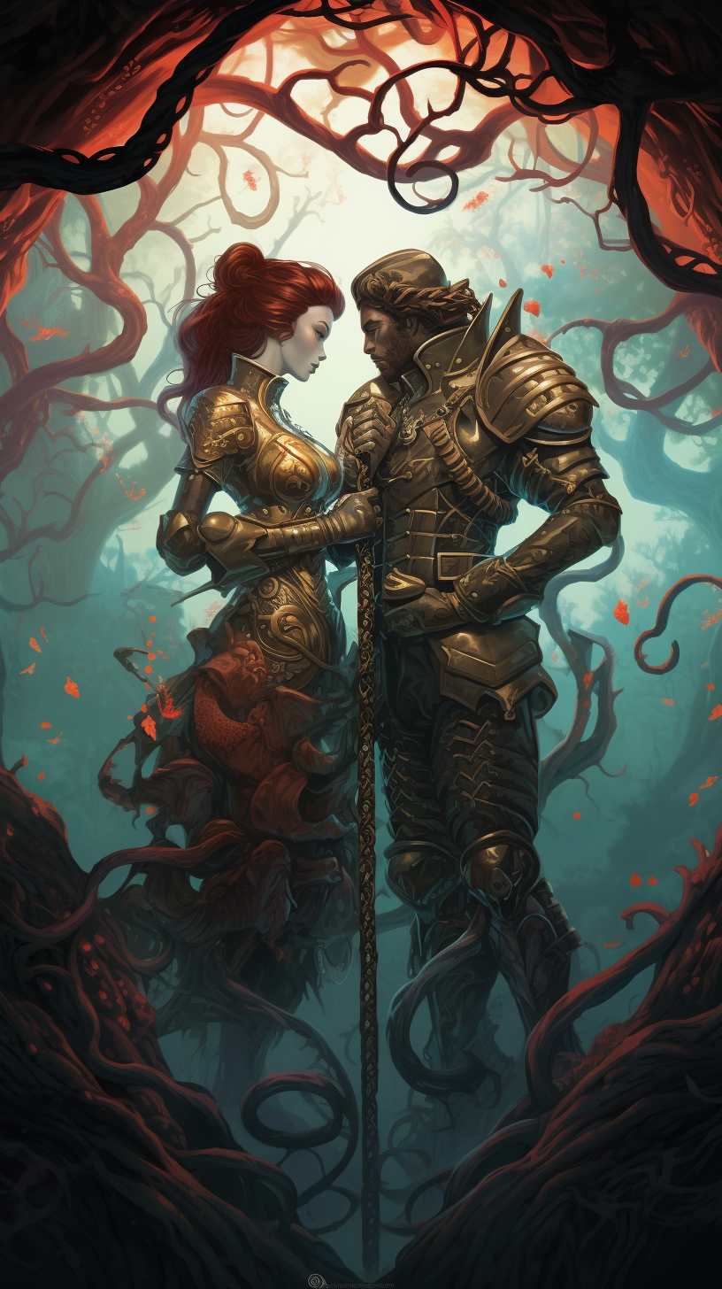 Fantasy warriors in love, with snake and tree.