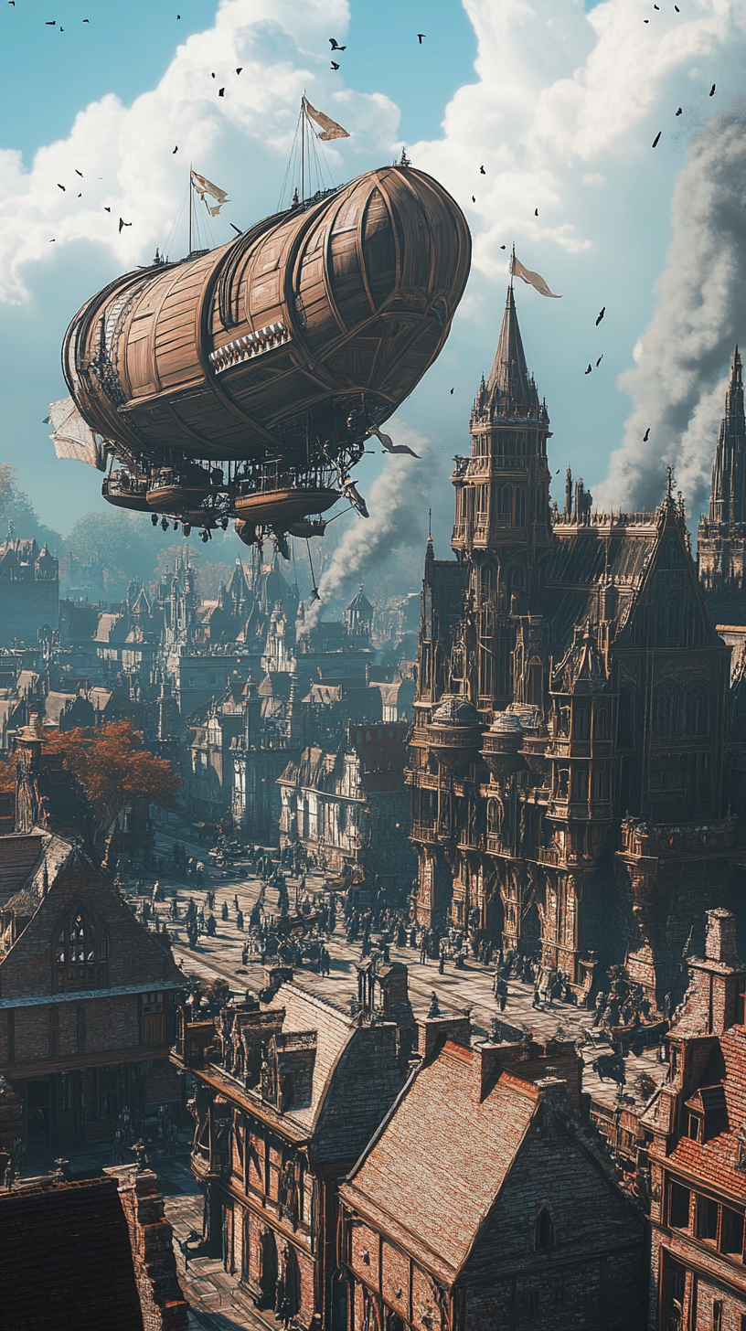 Fantasy wooden airships docking at tower in city.