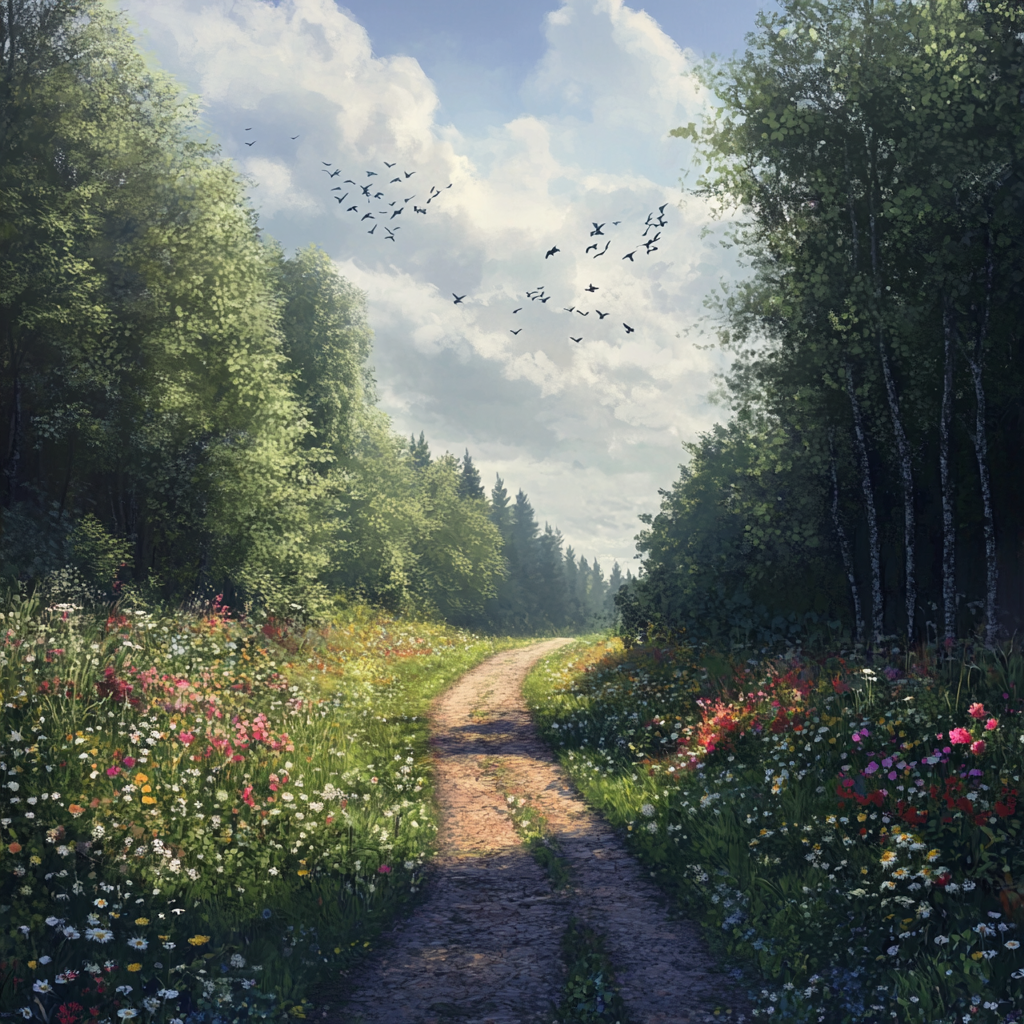 Fantasy world with empty road, flowers, forest, birds.