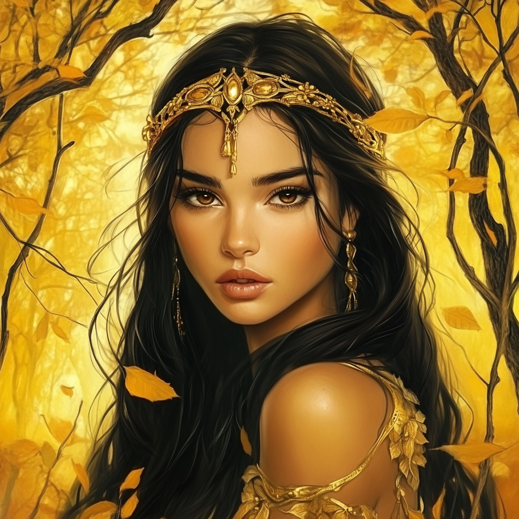 Fantasy young woman in Egyptian jewelry autumnal environment