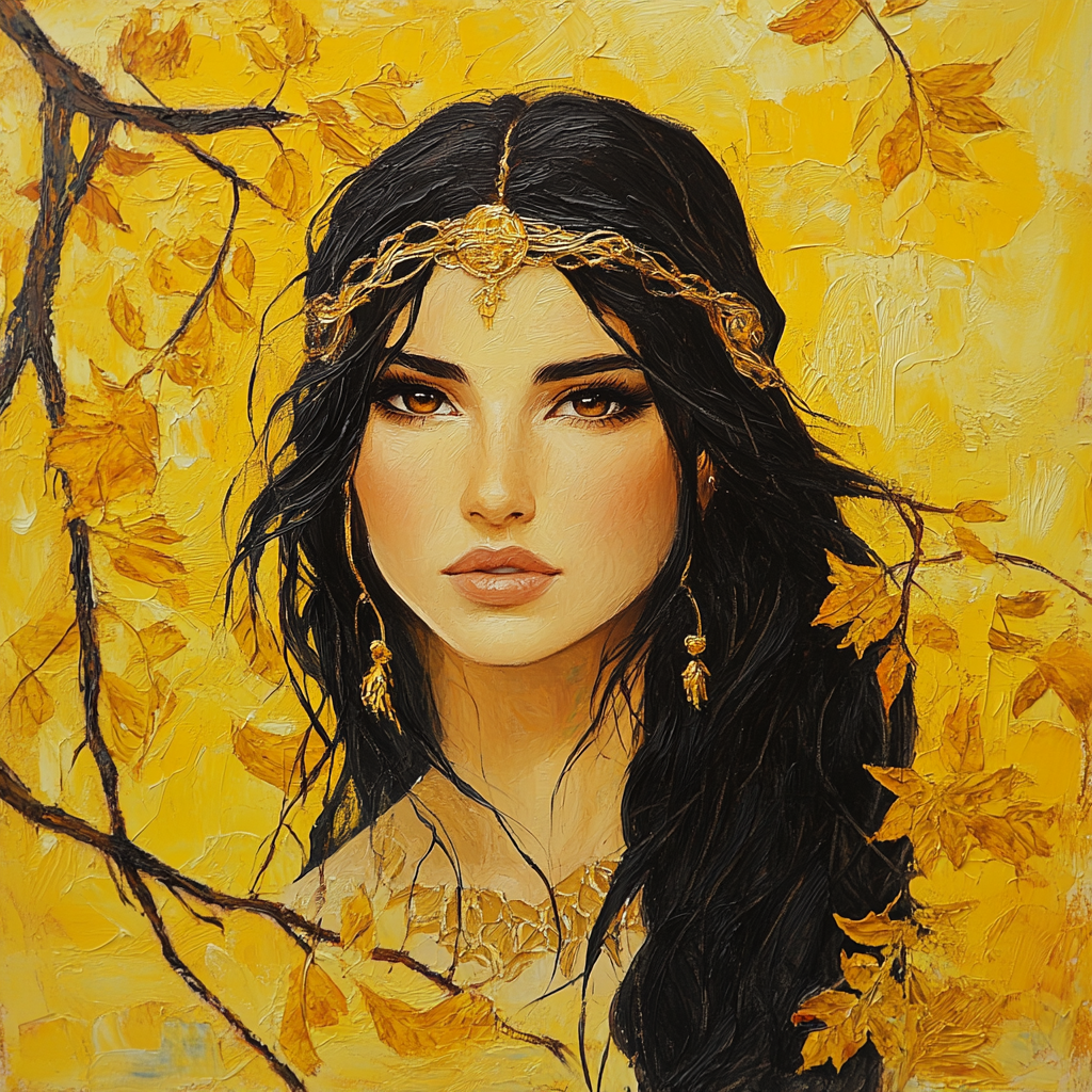 Fantasy young woman in golden Egyptian jewelry, autumn leaves, oil paint - v 6.1