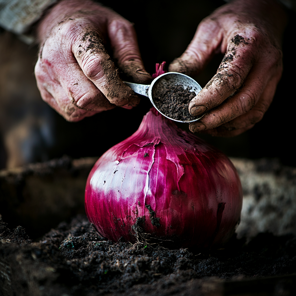 Farmer digs around big red onion with spoon.