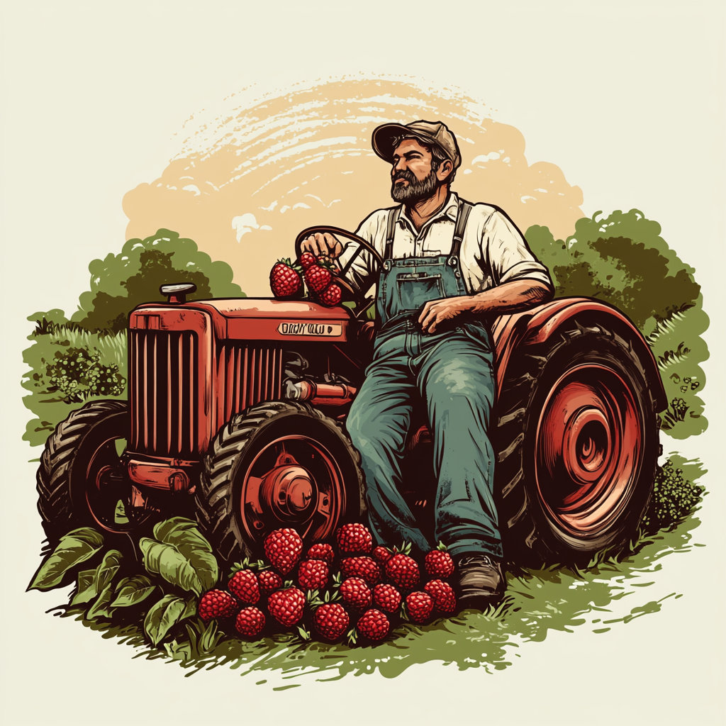 Farmer enjoying fresh strawberries, raspberries, and cherry tomatoes by tractor.