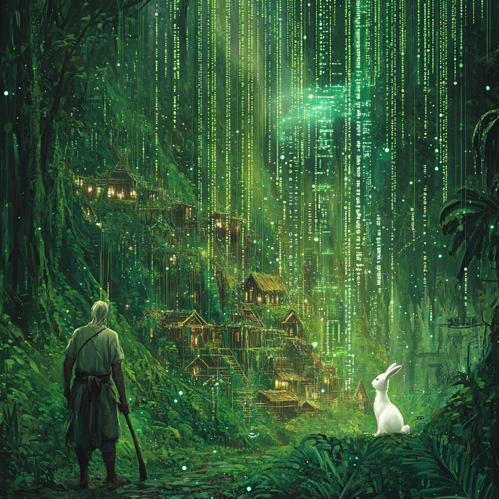 Farmer follows white rabbit through futuristic forest village.