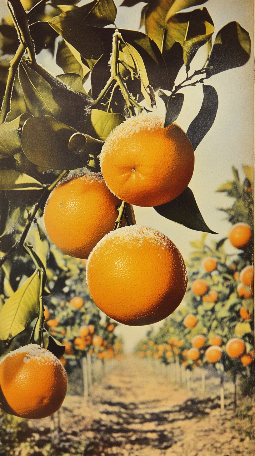 Farmer inspects frosted orange on tree with concern.