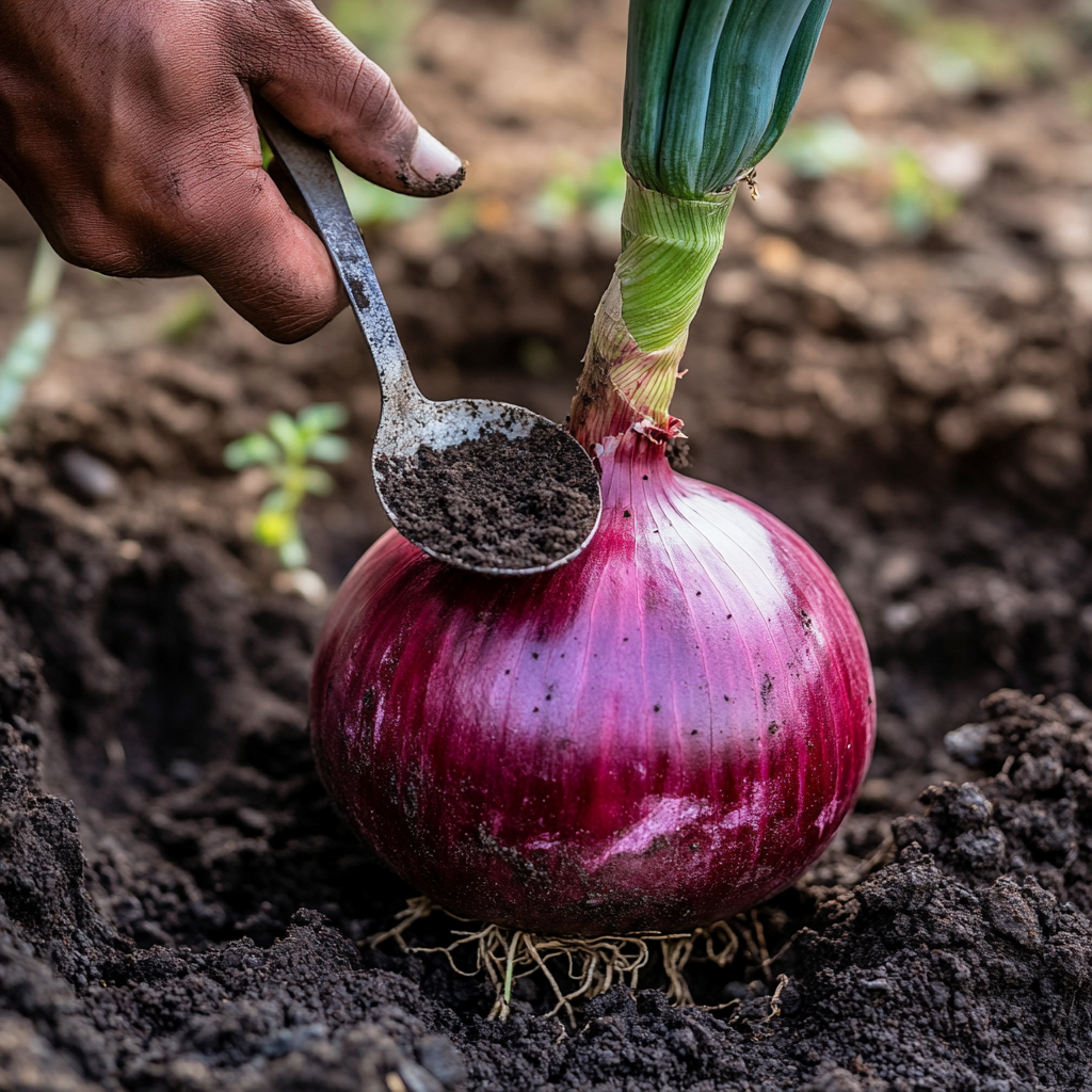 Farmer removes soil around big red onion with spoon.