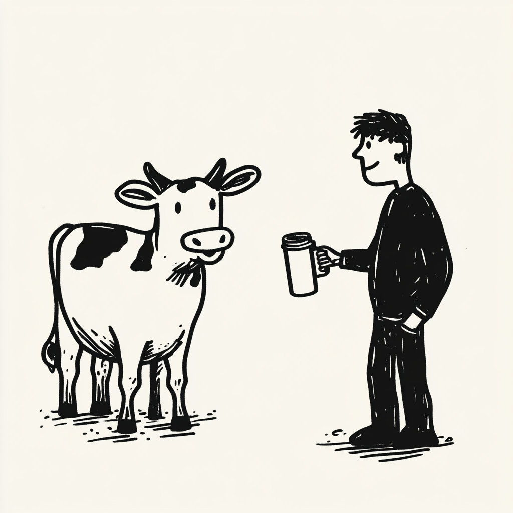 Farmer talks to cow, holding coffee mug