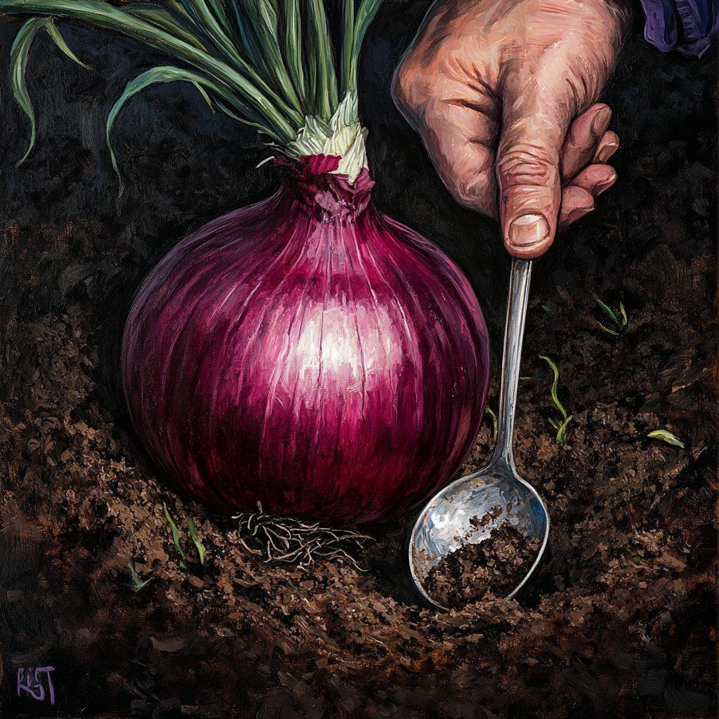 Farmer uses spoon to remove soil from onion.