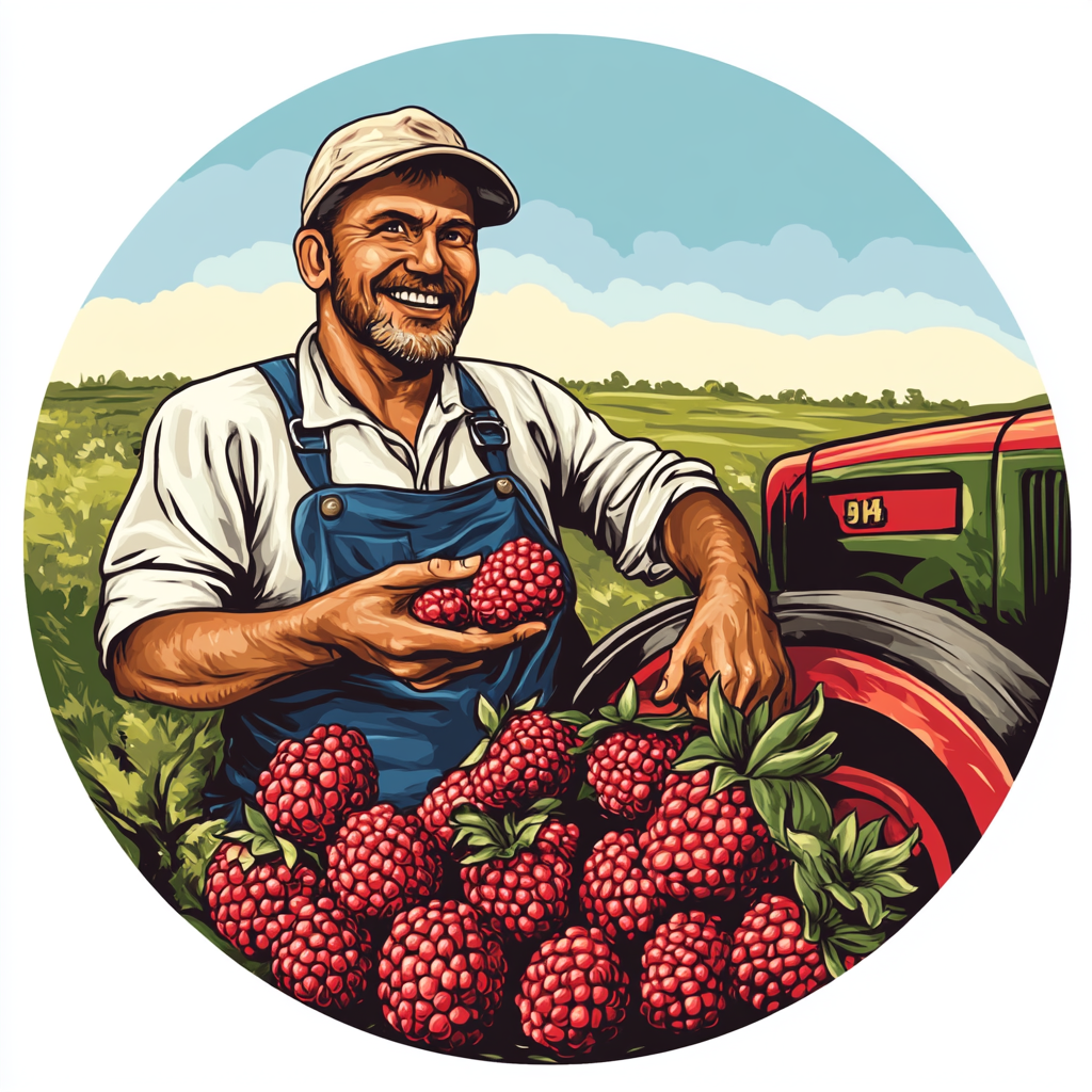 Farmer with berries standing near tractor in field.