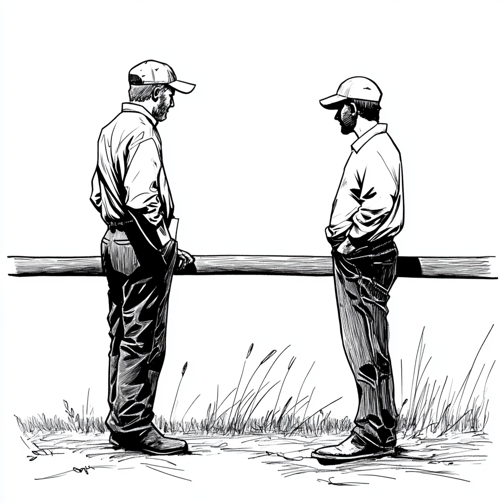 Farmers Talk Over Fence: Minimalist Child's Black & White Drawing