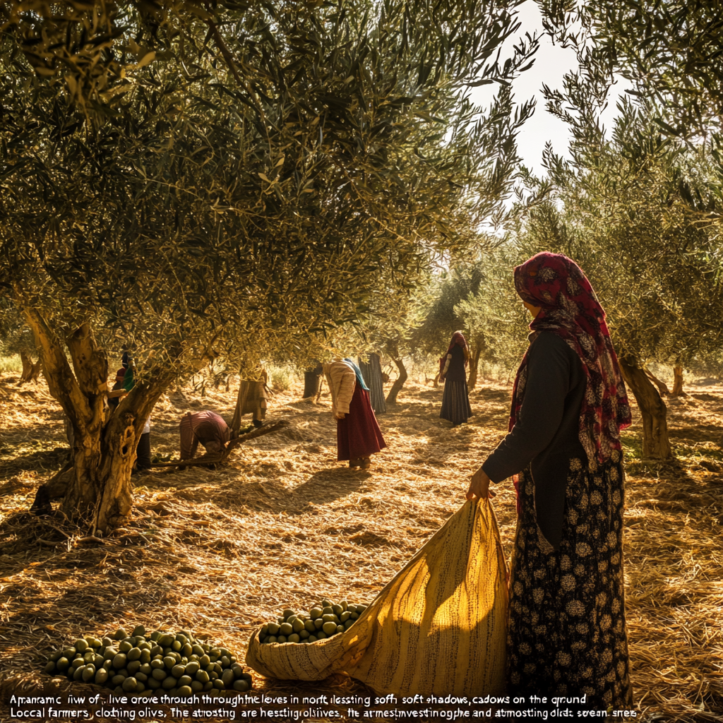 Farmers harvesting olives in lush Iranian grove